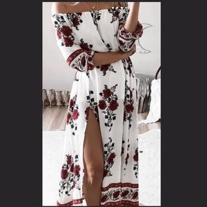 Off Shoulder Red Floral Dress